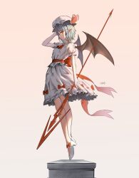 Rule 34 | 1girl, bat wings, bow, commentary, footwear bow, full body, gradient background, grey hair, hat, hat ribbon, high heels, highres, looking at viewer, mob cap, pink background, pointy ears, red bow, red eyes, red ribbon, remilia scarlet, ribbon, shirt, short hair, skirt, solo, spear the gungnir, touhou, white footwear, white shirt, white skirt, wings, ycl 090