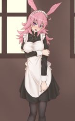 Rule 34 | 1girl, :d, alternate costume, apron, black dress, black pantyhose, blush, breast hold, breasts, commentary request, dress, elfenlied22, enmaided, fate/grand order, fate (series), hair between eyes, head tilt, head wings, hildr (fate), hildr (valkyrie style) (fate), large breasts, long dress, long hair, long skirt, looking at viewer, maid, maid apron, maid headdress, open mouth, pantyhose, pink hair, red eyes, skirt, smile, solo, valkyrie (fate), white apron, white headwear, window, wings