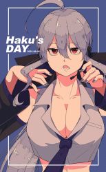 Rule 34 | 1girl, bow, breasts, character name, cleavage, commentary, crop top, grey hair, grey shirt, hair bow, hand on headset, hands up, headphones, headset, highres, large breasts, long hair, nail polish, necktie, open mouth, purple background, purple nails, purple necktie, red eyes, ryusei (ster0629), shirt, solo, upper body, very long hair, vocaloid, yowane haku