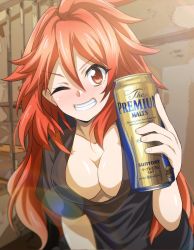Rule 34 | 1girl, amou kanade, beer can, blush, breasts, can, cleavage, downblouse, drink can, highres, large breasts, leaning forward, looking at viewer, no bra, red eyes, red hair, senki zesshou symphogear, smile, solo, tanashi (mk2)