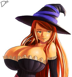 Rule 34 | 1girl, absurdres, bare shoulders, breasts, cleavage, diskette, dragon&#039;s crown, hat, highres, huge breasts, large breasts, long hair, red hair, sorceress (dragon&#039;s crown), tagme, witch hat