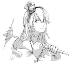 Rule 34 | 1girl, bare shoulders, braid, closed mouth, cropped torso, crown, dress, french braid, greyscale, hair between eyes, hairband, holding, holding scepter, jewelry, kantai collection, long hair, long sleeves, looking at viewer, mini crown, monochrome, necklace, off-shoulder dress, off shoulder, scepter, signature, simple background, smile, solo, warspite (kancolle), white background, yamada rei (rou)
