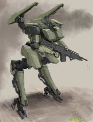Rule 34 | gun, highres, holding, holding gun, holding weapon, looking down, mecha, mechium, military, no humans, original, robot, science fiction, shadow, solo, standing, weapon