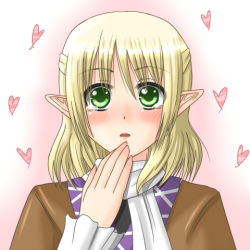Rule 34 | 1girl, blonde hair, blush, dotera, face, female focus, green eyes, hanazome dotera, heart, lips, lowres, mizuhashi parsee, pointy ears, scarf, short hair, solo, tears, touhou