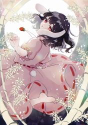 Rule 34 | 1girl, :d, absurdres, animal ears, bamboo, bamboo forest, barefoot, black hair, carrot necklace, dress, floppy ears, forest, from behind, highres, inaba tewi, jewelry, katai (nekoneko0720), looking at viewer, looking back, nature, necklace, open mouth, outdoors, pink dress, rabbit ears, rabbit tail, red eyes, ribbon-trimmed dress, short hair, short sleeves, smile, solo, tail, touhou