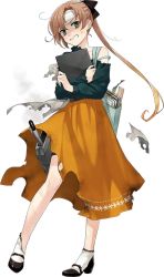 Rule 34 | 1girl, akigumo (kancolle), alternate costume, bag, book, brown hair, cold pack, fujikawa, full body, hair ribbon, kantai collection, long skirt, official art, ribbon, shaded face, side ponytail, skirt, solo, tablet pc, thinking, torn clothes, torpedo, transparent background, yellow eyes