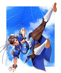 Rule 34 | 1girl, absurdres, boots, bracelet, breasts, brown eyes, brown hair, brown pantyhose, bun cover, capcom, china dress, chinese clothes, chun-li, clenched hand, commentary request, cross-laced footwear, double bun, dress, fingernails, full body, hair bun, hair ornament, highres, jewelry, kicking, knee boots, lace-up boots, medium breasts, ogami, open mouth, pantyhose, pelvic curtain, puffy short sleeves, puffy sleeves, short sleeves, simple background, solo, spiked bracelet, spikes, street fighter, street fighter ii (series), thick thighs, thighs, white footwear