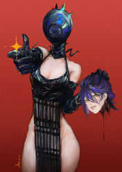 Rule 34 | 1girl, asa moi, bare shoulders, black hair, bomb, breasts, chainsaw man, cowboy shot, demon girl, explosive, green eyes, guro, hair between eyes, hair bun, highres, holding, holding head, looking at viewer, medium breasts, pointing, red background, reze (chainsaw man), severed head, shirt, simple background, single hair bun, sleeveless, smile, solo