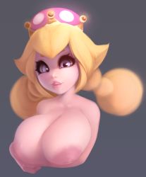 Rule 34 | 1girl, blonde hair, blue eyes, breasts, crown, highres, inverted nipples, large areolae, large breasts, looking at viewer, mario (series), mystical (plantpenetrator), nintendo, peachette, super crown, super mario bros. 1, toadette, twintails