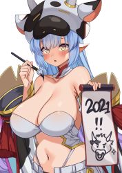 Rule 34 | 1girl, 2021, animal ears, armpit crease, bare shoulders, blue hair, breasts, cleavage, collarbone, cow ears, cow hood, crop top, crop top overhang, detached collar, detached sleeves, gold trim, granblue fantasy, highleg, highres, holding, kaosu kun, large breasts, long hair, long sleeves, looking at viewer, midriff, navel, open fly, parted lips, scroll, catura (granblue fantasy), shirt, shorts, sleeveless, sleeveless shirt, solo, stomach, strapless shirt, transparent background, upper body, white shirt, white shorts, wide sleeves, yellow eyes