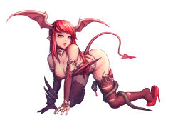 Rule 34 | 1girl, all fours, armor, bare shoulders, bikini armor, black thighhighs, breasts, cleavage, demon girl, demon tail, detached sleeves, female focus, heterochromia, high heels, horns, large breasts, lips, long hair, looking at viewer, mr. yvk, original, panties, pointy ears, red eyes, red hair, shoes, simple background, smile, snake, solo, tail, thighhighs, underwear, white background, yellow eyes