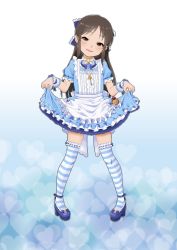 Rule 34 | 1girl, absurdres, apron, artist request, blue bow, blue footwear, blush, bow, bowtie, brown eyes, brown hair, clothes lift, colorized, dress, frilled dress, frilled skirt, frilled sleeves, frilled thighhighs, frills, gradient background, hair ribbon, heart, highres, idolmaster, idolmaster cinderella girls, idolmaster cinderella girls starlight stage, key, lifted by self, light blue dress, light blue skirt, long hair, looking at viewer, open mouth, pin, puffy short sleeves, puffy sleeves, ribbon, short sleeves, sidelocks, simple background, skirt, smile, solo, striped clothes, striped thighhighs, tachibana arisu, thighhighs, white apron