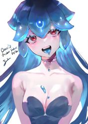 Rule 34 | 1girl, bao (vtuber), blue hair, breasts, dated, genkaiiti, highres, large breasts, long hair, open mouth, red eyes, saliva, smile, tongue, tongue out, virtual youtuber, water