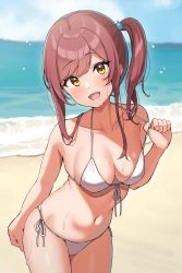 Rule 34 | absurdres, bad id, bad twitter id, beach, bikini, blush, breasts, brown hair, cleavage, cloud, cloudy sky, collarbone, commentary request, cowboy shot, hair between eyes, highres, idolmaster, idolmaster shiny colors, light particles, long hair, looking at viewer, medium breasts, navel, ocean, open mouth, osaki amana, outdoors, side-tie bikini bottom, side ponytail, sky, smile, strap pull, swimsuit, wanimaru, white bikini, yellow eyes