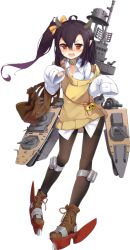 Rule 34 | 1girl, ahoge, azur lane, bag, bell, black hair, black pantyhose, blush, boots, brown eyes, brown footwear, cannon, cardigan, collar, cross-laced footwear, dress shirt, full body, game cg, hair between eyes, horns, isuzu (azur lane), jingle bell, lace-up boots, long hair, long sleeves, looking at viewer, no pants, nose blush, official art, ootsuki momiji, oversized clothes, pantyhose, pointy ears, rudder footwear, saliva, ship, shirt, side ponytail, simple background, sleeves past wrists, solo, standing, thighband pantyhose, torpedo, transparent background, watercraft