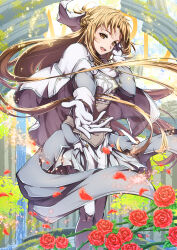 Rule 34 | 1girl, absurdres, asuna (sao), brown eyes, brown hair, cape, dress, flower, gloves, grey cape, grey cloak, highres, long hair, looking at viewer, oboro neko, open mouth, petals, red flower, red rose, rose, rose petals, sword art online, sword art online: alicization, sword art online: alicization - war of underworld, white dress, white gloves