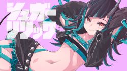 Rule 34 | 1girl, nanashi inc., arms behind head, arms up, bandeau, belt, black hair, black jacket, black skirt, closed mouth, clothing cutout, cropped jacket, demon girl, demon horns, demon tail, fang, flat chest, garter straps, goten (510gensoku), highleg, highres, horns, jacket, long hair, long sleeves, looking at viewer, midriff, miniskirt, multicolored hair, navel, open clothes, open jacket, pink background, pointy ears, red eyes, shishio chris, shoulder cutout, skirt, smile, solo, stomach, streaked hair, sugar lyric, tail, two-tone hair, virtual youtuber