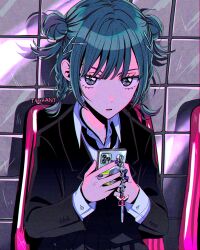 Rule 34 | 1girl, artist name, black eyes, black jacket, blue hair, braid, buttoned cuffs, buttons, cellphone, cellphone charm, charm (object), collared shirt, double bun, hair bun, hair ornament, hairclip, highres, holding, holding phone, jacket, long bangs, long sleeves, looking at viewer, myon (tokipi), nail polish, original, own hands together, parted lips, phone, purple nails, shirt, short hair, sidelocks, smartphone, solo, staring, suit jacket, surgeon cuffs, tile wall, tiles, twin braids, upper body, white shirt