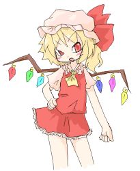 Rule 34 | 1girl, blonde hair, blouse, collared shirt, female focus, flandre scarlet, hand on own hip, hat, head tilt, mob cap, red eyes, shirt, simple background, solo, standing, tamute (2580rs), touhou, vampire, white background, white hat, white shirt, wings