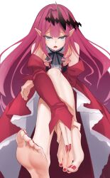 Rule 34 | 1girl, absurdres, bare legs, bare shoulders, barefoot, dress, baobhan sith (fate), fang, fate/grand order, fate (series), feet, foot focus, grey eyes, hand on foot, hand on own foot, highres, holding own foot, long hair, looking at viewer, nail polish, open mouth, pointy ears, red hair, red nails, sanso (oxygen), simple background, skin fang, soles, solo, toenail polish, toenails, toes, white background