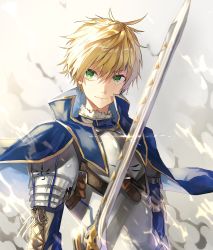 Rule 34 | 1boy, armor, arthur pendragon (fate), blonde hair, blue cape, cape, fate/prototype, fate (series), green eyes, grey background, highres, holding, holding sword, holding weapon, long sleeves, male focus, smile, solo, sword, tsugutoku, weapon, white background