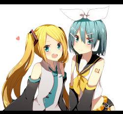 Rule 34 | 2girls, alternate color, alternate hair color, alternate hairstyle, aqua eyes, aqua hair, belt, blonde hair, blush, cosplay, costume switch, detached sleeves, hair ornament, hair ribbon, hairclip, hairstyle switch, harusawa, hatsune miku, hatsune miku (cosplay), headset, kagamine rin, kagamine rin (cosplay), letterboxed, long hair, midriff, multiple girls, necktie, open mouth, ribbon, sakasama rainbow (vocaloid), short hair, twintails, vocaloid, white background