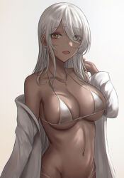 Rule 34 | 1girl, absurdres, bare shoulders, breasts, cleavage, commentary request, dark-skinned female, dark skin, eyes visible through hair, gradient background, hair over one eye, highres, jewelry, large breasts, long hair, looking at viewer, navel, necklace, off shoulder, open clothes, open mouth, original, selcky, sideboob, smile, stomach, underboob, white hair, yellow eyes