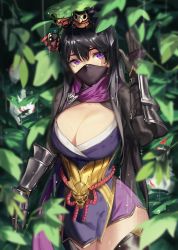 Rule 34 | 1girl, armor, black hair, breasts, cleavage, dripping, gauntlets, hair ornament, hiding, highres, ja mong, leaf, looking at viewer, mask, mouth mask, ninja, original, purple eyes, rain, thick thighs, thighhighs, thighs, wet