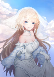 Rule 34 | 1girl, absurdres, bare shoulders, blonde hair, blue eyes, blue sky, blush, breasts, bridal veil, choker, cleavage, cloud, day, dress, earrings, elbow gloves, g36 (girls&#039; frontline), g36 (pure white cornflower) (girls&#039; frontline), girls&#039; frontline, gloves, highres, holding, holding clothes, holding dress, jewelry, long hair, looking at viewer, medium breasts, official alternate costume, parted lips, pendant, ring, shawl, sidelocks, sky, smile, solo, strapless, strapless dress, veil, wedding dress, wedding ring, white gloves, wind, wind lift, xxiner