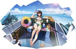 Rule 34 | animal, artist request, azur lane, barefoot, bikini, bird, blue sky, breasts, brown hair, cleavage, cloud, cloudy sky, cup, day, disposable cup, drinking straw, fingernails, fishing rod, gradient hair, highres, innertube, long hair, looking at viewer, magdeburg (azur lane), magdeburg (gone fishing) (azur lane), manjuu (azur lane), multicolored hair, nail polish, navel, official art, open mouth, outdoors, red hair, seagull, sitting, sky, smile, stomach, sunglasses, swim ring, swimsuit, toes, transparent background, two-tone hair, wristband