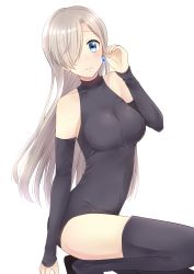 Rule 34 | 10s, 1girl, arched back, black thighhighs, blue eyes, blue gemstone, blush, bodysuit, breasts, covered collarbone, elizabeth liones, from side, gem, glowing, grey hair, hair over one eye, halterneck, highres, jewelry, leotard, long hair, medium breasts, meuro sutera, nanatsu no taizai, parted bangs, simple background, solo, thighhighs, very long hair, white background
