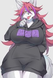 Rule 34 | 1girl, candy, dog, food, furry, furry female, licking, long hair, red hair, saigi, solo, sweater, tongue