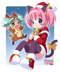Rule 34 | 2girls, absurdres, animal costume, animal ears, bell, black thighhighs, blue eyes, blush stickers, capelet, cat ears, cat girl, cat tail, colinarmis, commentary, diaster-tan, dress, english commentary, fake antlers, fang, green eyes, green hair, hat, highres, jingle bell, logo, miracle-chan, multiple girls, original, pink hair, red capelet, red footwear, reindeer costume, santa dress, santa hat, tail, thighhighs, twintails