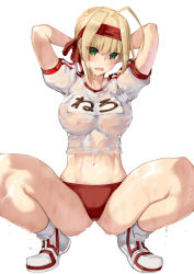 Rule 34 | 10s, 1girl, ahoge, ankle socks, armpits, arms behind head, blonde hair, blouse, blush, braid, breasts, breath, buruma, character name, embarrassed, fate/extra, fate/grand order, fate (series), french braid, full body, green eyes, gym shirt, hair between eyes, hair intakes, head tilt, headband, large breasts, legs, looking at viewer, midriff, name tag, navel, nero claudius (fate), nero claudius (fate) (all), nero claudius (fate/extra), nero claudius (olympian bloomers) (fate), no bra, official alternate costume, open mouth, red headband, satou daiji, see-through, shirt, shoes, simple background, sneakers, socks, solo, spread legs, squatting, sweat, teeth, thighs, underwear, upper teeth only, wavy mouth, wet, wet clothes, wet shirt, white background, white shirt, white socks