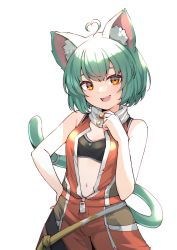 Rule 34 | 1girl, ahoge, animal ears, bare shoulders, breasts, cat ears, cat girl, cat tail, commentary, cowboy shot, english commentary, fangs, girl dm, girl dm (1st costume), green hair, hair between eyes, heart, heart ahoge, highres, indie virtual youtuber, looking at viewer, navel, open mouth, orange eyes, simple background, sleeveless, small breasts, solo, tail, teeth, tongue, valefal coneri, virtual youtuber, white background