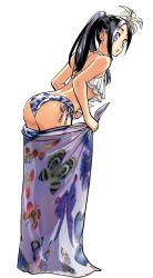 Rule 34 | 1girl, animal print, ass, bikini, black hair, blue hair, butt crack, butterfly print, flower, looking at viewer, looking back, murata yuusuke, one-punch man, print sarong, purple eyes, sansetsukon no lily, sarong, simple background, swimsuit, white background