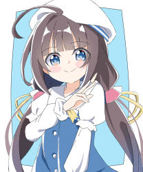 Rule 34 | 1girl, ahoge, beret, between fingers, blue background, blue dress, blush stickers, brown hair, closed mouth, commentary request, dress, hand up, hat, highres, hinatsuru ai, holding, kapuru 0410, layered sleeves, long hair, long sleeves, looking at viewer, low twintails, puffy short sleeves, puffy sleeves, ryuuou no oshigoto!, school uniform, shogi piece, short over long sleeves, short sleeves, smile, solo, twintails, two-tone background, very long hair, white background, white hat