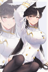 Rule 34 | 1girl, animal ear fluff, arm up, atago (azur lane), azur lane, breasts, brown hair, brown thighhighs, buttons, covered navel, double-breasted, gloves, highres, jacket, kayoubi (tuesday 91), large breasts, long hair, looking at viewer, military, military uniform, miniskirt, mole, mole under eye, naval uniform, orange eyes, sitting, skirt, smile, solo, thighhighs, uniform, very long hair, white gloves, white jacket, white skirt, zoom layer