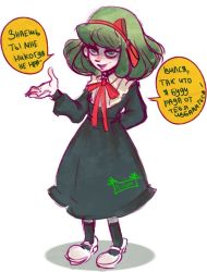 Rule 34 | 1girl, arm up, bow, calf socks, child, danganronpa (series), danganronpa another episode: ultra despair girls, dlind98, dress, eyeliner, full body, green dress, green eyes, green hair, hair bow, hair ornament, hand up, headband, looking at viewer, makeup, mary janes, matching hair/eyes, neck ribbon, pale, pink lips, red bow, red headband, red headwear, ribbon, russian text, shoes, simple background, sketch, slit pupils, smile, smirk, towa monaca, translated, white background