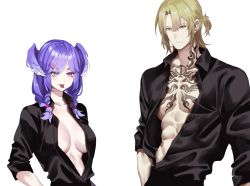 Rule 34 | 1boy, 1girl, ahoge, black shirt, blonde hair, blue eyes, braid, breasts, chest tattoo, cleavage, closed mouth, collared shirt, commentary, english commentary, forked tongue, frown, hair ornament, hairclip, head wings, heterochromia, highres, luca kaneshiro, luxiemsimping, medium hair, muscular, muscular male, nijisanji, nijisanji en, open clothes, open shirt, pectoral cleavage, pectorals, piercing, purple eyes, purple hair, purple wings, selen tatsuki, shirt, short sidetail, simple background, tattoo, tongue, tongue out, tongue piercing, twin braids, virtual youtuber, white background, wings