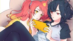 Rule 34 | 2girls, black hair, black headband, blonde hair, colored tips, crossed legs, fang, fire, fire, handheld game console, headband, highres, hikasa tomoshika, holding, holding handheld game console, jitomi monoe, kiko (kikobooom), leggings, looking at another, looking down, magnet, multicolored hair, multiple girls, nail polish, nintendo switch, open mouth, red eyes, red hair, red nails, short hair, sitting, twintails, virtual youtuber, voms, yellow eyes