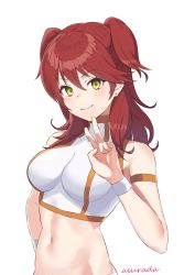 Rule 34 | 1girl, armband, asurada yui, between thighs, crop top, freckles, gold trim, gundam, gundam 00, hair between eyes, highres, impossible clothes, impossible shirt, long hair, looking at viewer, midriff, navel, nena trinity, red hair, shirt, sleeveless, smile, solo, swept bangs, two side up, v, white background, yellow eyes