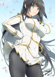 Rule 34 | 1girl, aiguillette, black hair, black pantyhose, black undershirt, blue eyes, blue sky, blush, breasts, buttons, cherry blossoms, cloud, covered erect nipples, cowboy shot, dated, day, double-breasted, falling petals, gloves, hand on own hip, hime cut, ikaruga (senran kagura), kinako (mzknk0), large breasts, linea alba, long hair, looking at viewer, open mouth, outdoors, pantyhose, petals, senran kagura, senran kagura shoujo-tachi no shin&#039;ei, signature, skirt, sky, solo, standing, very long hair, white gloves