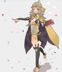 Rule 34 | 1girl, ahoge, amamiya (alice413), blonde hair, bodystocking, book, breast cutout, breasts, cape, circlet, covered navel, fire emblem, fire emblem fates, full body, grey eyes, high heels, holding, holding book, looking at viewer, medium breasts, nintendo, one eye closed, open mouth, ophelia (fire emblem), outstretched arm, panties, pointing, solo, thighhighs, thighs, turtleneck, underwear