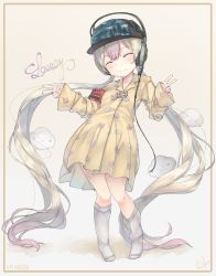 Rule 34 | 1girl, absurdly long hair, baseball cap, character name, closed eyes, closed mouth, cloud, copyright request, double v, dress, facing viewer, full body, hair between eyes, hat, headphones, highres, klem, long hair, long sleeves, patterned clothing, signature, sleeves past wrists, smile, socks, standing, twintails, v, very long hair, white footwear, white hair, white socks, yellow dress