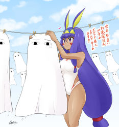 Rule 34 | 1girl, absurdres, animal ears, blush, breasts, clothesline, cloud, cloudy sky, commentary request, dark-skinned female, dark skin, day, earrings, egyptian, facial mark, fate/grand order, fate (series), hairband, highleg, highleg leotard, highres, hoop earrings, jewelry, laundry, leotard, long hair, medjed (fate), musical note, nitocris (fate), nitocris (swimsuit assassin) (second ascension) (fate), purple eyes, purple hair, sidelocks, signature, sky, smile, tears, translation request, very long hair, yamato nadeshiko