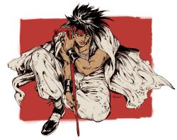 Rule 34 | 1boy, black hair, bracelet, cape, closed eyes, commentary, crossed legs, earrings, from above, headband, holding, jewelry, jojo no kimyou na bouken, kotteri, male focus, muscular, muscular male, n&#039;doul, red background, red headband, red lips, shoes, simple background, sitting, solo