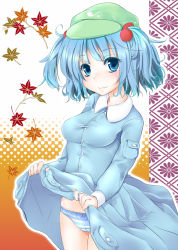 Rule 34 | 1girl, :3, autumn leaves, ayase miko, blue eyes, blue hair, clothes lift, dress, dress lift, female focus, hair bobbles, hair ornament, hat, kawashiro nitori, matching hair/eyes, panties, solo, striped clothes, striped panties, touhou, twintails, two side up, underwear