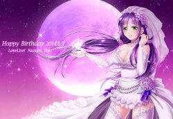 Rule 34 | 10s, 1girl, 2014, bare shoulders, breasts, bridal veil, bride, character name, copyright name, dated, detached sleeves, dress, elbow gloves, full moon, garter straps, gloves, green eyes, happy birthday, highres, large breasts, long hair, love live!, love live! school idol festival, love live! school idol project, moon, purple hair, sky, smile, solo, star (sky), starry sky, thighhighs, totsuki ryuna, tojo nozomi, twintails, veil, wedding dress