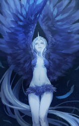 Rule 34 | 1girl, absurdly long hair, arms up, bird wings, blue eyes, blue theme, blue wings, breasts, feathered wings, feathers, flying teardrops, groin, horns, long hair, looking away, looking up, monochrome, monster girl, navel, pixiv fantasia, pixiv fantasia fallen kings, silver hair, single horn, sky, small breasts, solo, star (sky), starry sky, stomach, tears, thigh gap, very long hair, winged arms, wings, y in